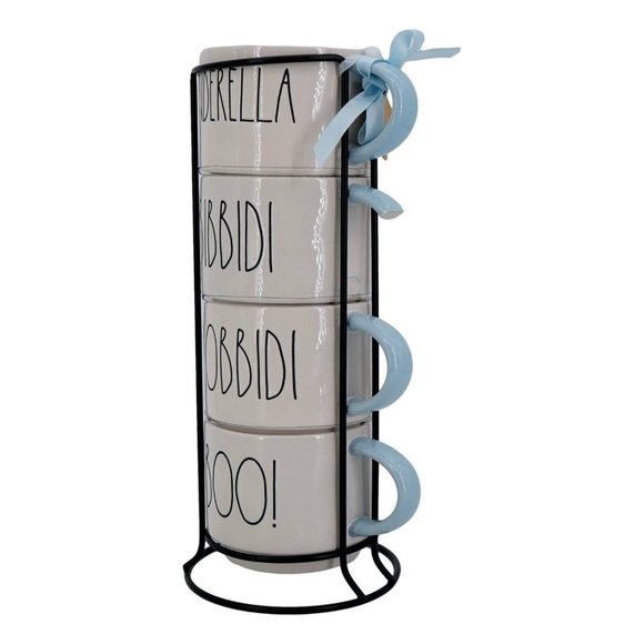 Rae Dunn Set of Four Stacking Coffee Mugs with Metal Rack (1 Broken Handle) - En - Picture 2 of 6